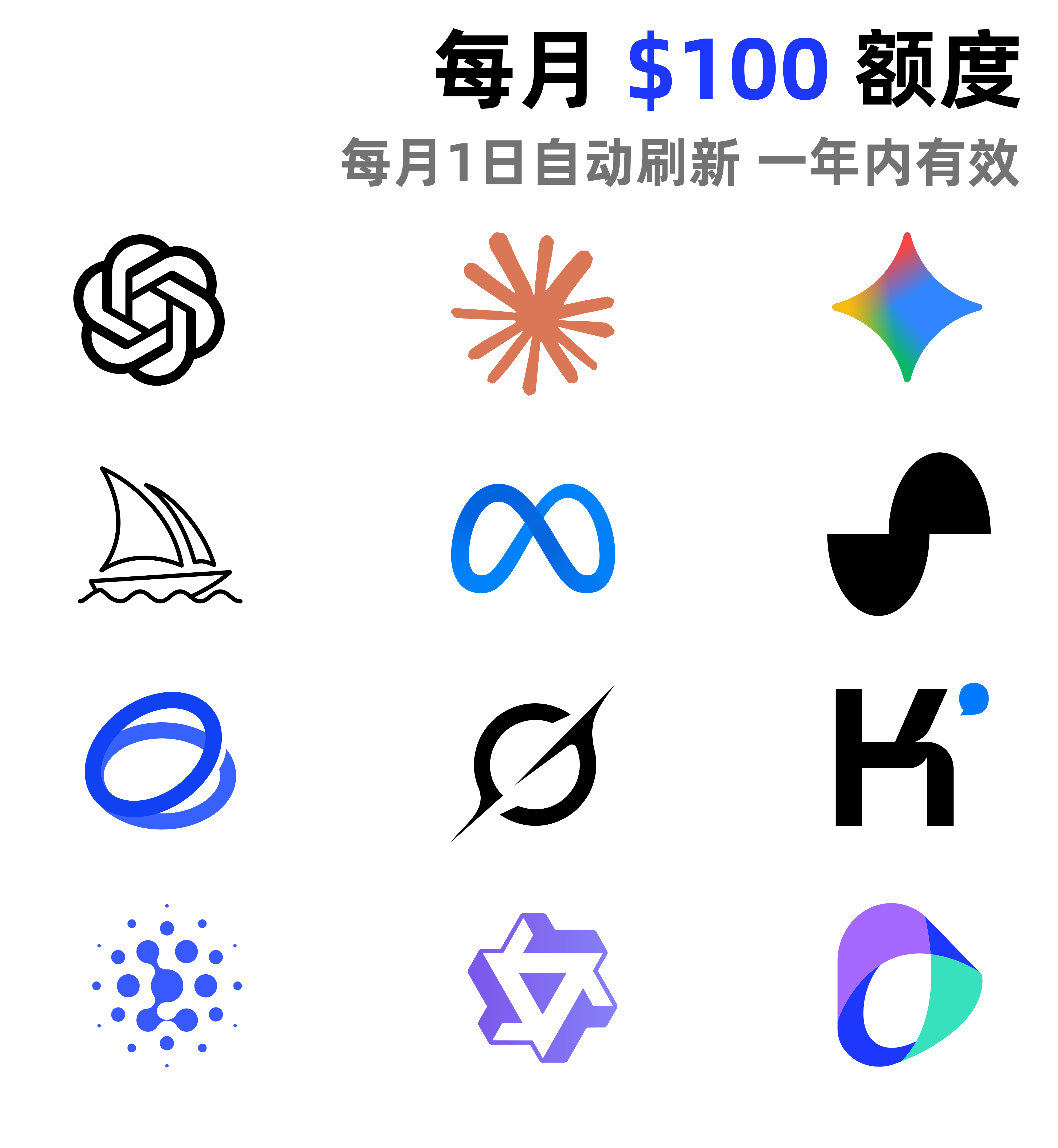 【热销】每月100$ 长期使用套餐（1年） 支持[OpenAI][Claude][Gemini]等国内外300+AI模型